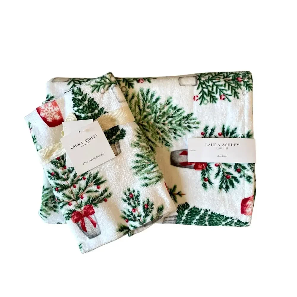 4pc Laura Ashley Christmas Tree Towel Set 2 Finger Tip 2 Bath Cotton New